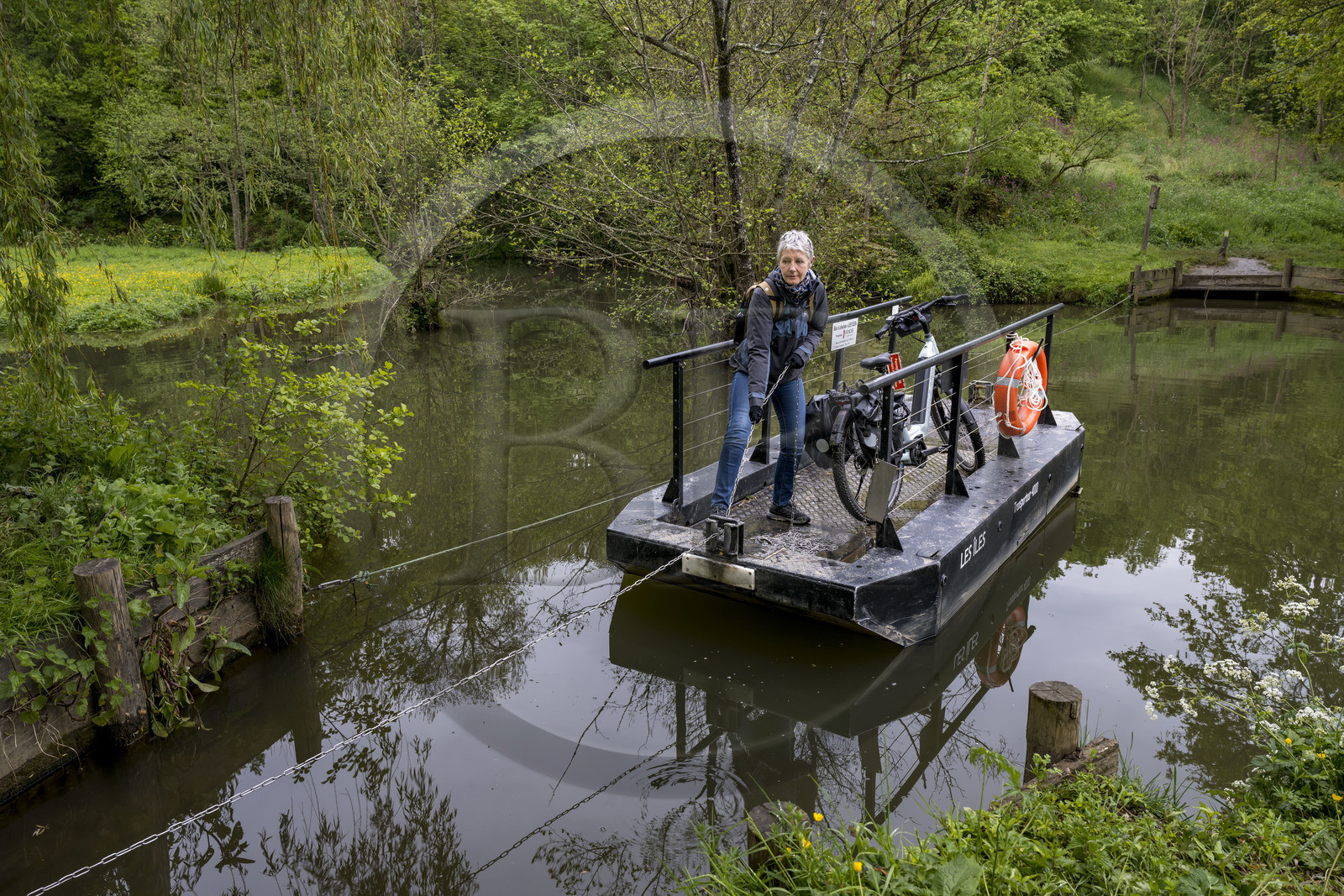 France, Vendée (85), Vouvant, labellisé Les Plus Beaux Villages de France, le bac à chaînes Les Iles sur la rivière La Mère qui entoure le village