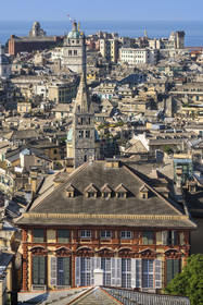 Italy, Liguria, Genoa, the Palazzo Rosso one of the Rolli Palace listed as World Heritage by UNESCO in the Strada Nuova today via Garibaldi, the Basilica of Santa Maria delle Vigne and the cathedral (Cattedrale di San Lorenzo) in the background