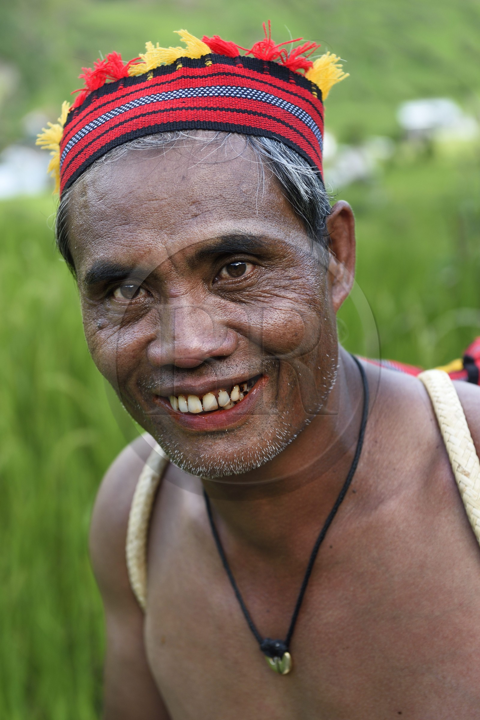 Philippines, province d'Ifugao, les rizières en terrasses de Banaue autour du village de Batad, classées Patrimoine Mondial de l'UNESCO, le guide Adolpho revetu du costume traditionnel Ifugao