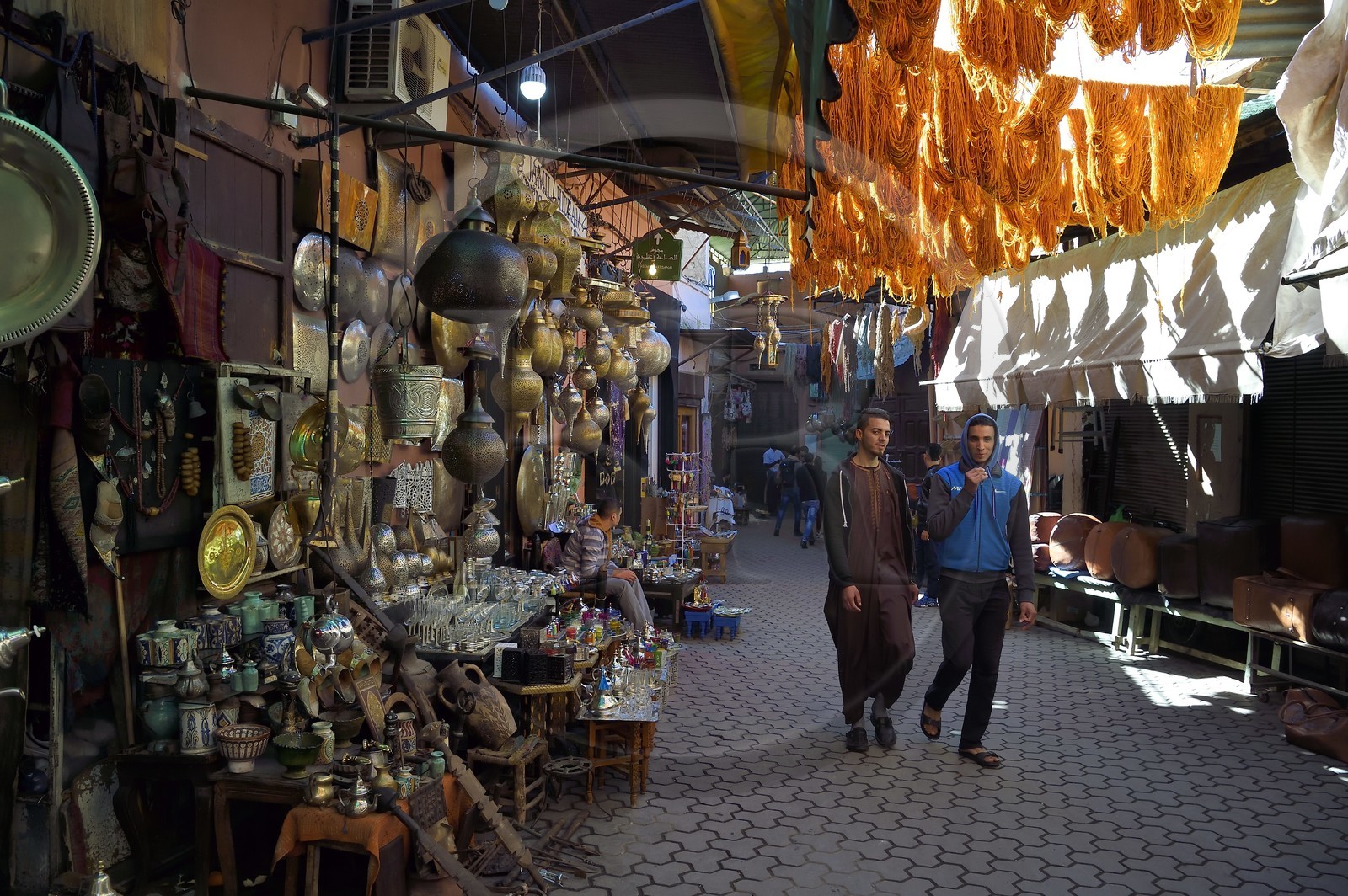 Morocco, High Atlas, Marrakech, Imperial city, Medina listed as World Heritage by UNESCO, shops in the dyers souk, wool drying