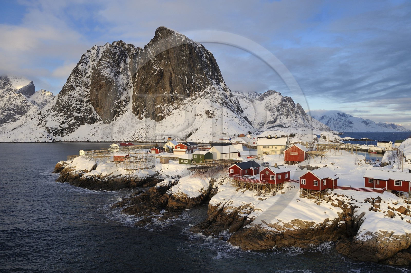 Norway, Nordland County, Lofoten Islands, Moskenes Island, Hamnoy fishing harbour nearby Reine, hanging cod-fish for drying