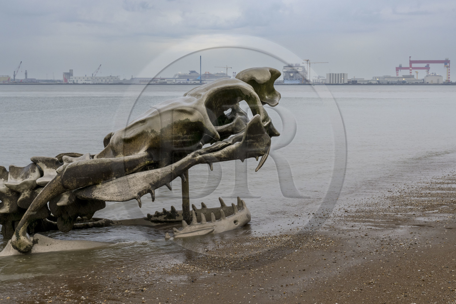 Saint-Brevin-les-Pins, Mindin, collection d'art contemporain à ciel ouvert Estuaire, le Serpent d'Océan réalisé par l'artiste chinois Huang Yong Ping représentant un long squelette de serpent de mer, installé sur l'estran et apparaissant au rythme des marées, le port de Saint-Nazaire en arrière plan