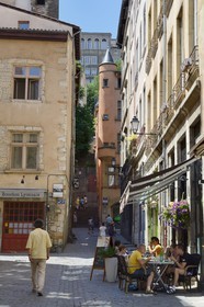 France, Rhone, Lyon, historical site listed as World Heritage by UNESCO, St. Paul neighborhood in the Vieux Lyon (Old Town), Montée du Change extending the rue de la Loge