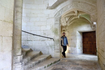 France, Dordogne, Périgord Vert, Villars, Puyguilhem castle, the pavillon Barlong Grand spiral Staircase and the flamboyant Gothic ceiling on the ground floor