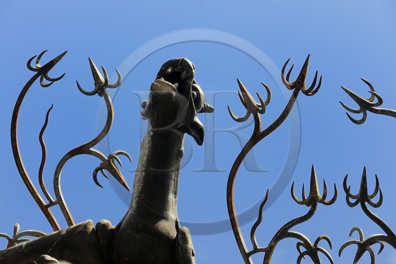 France, Paris, ile de la Cite, Notre-Dame Cathedral, a gargoyle from the spire