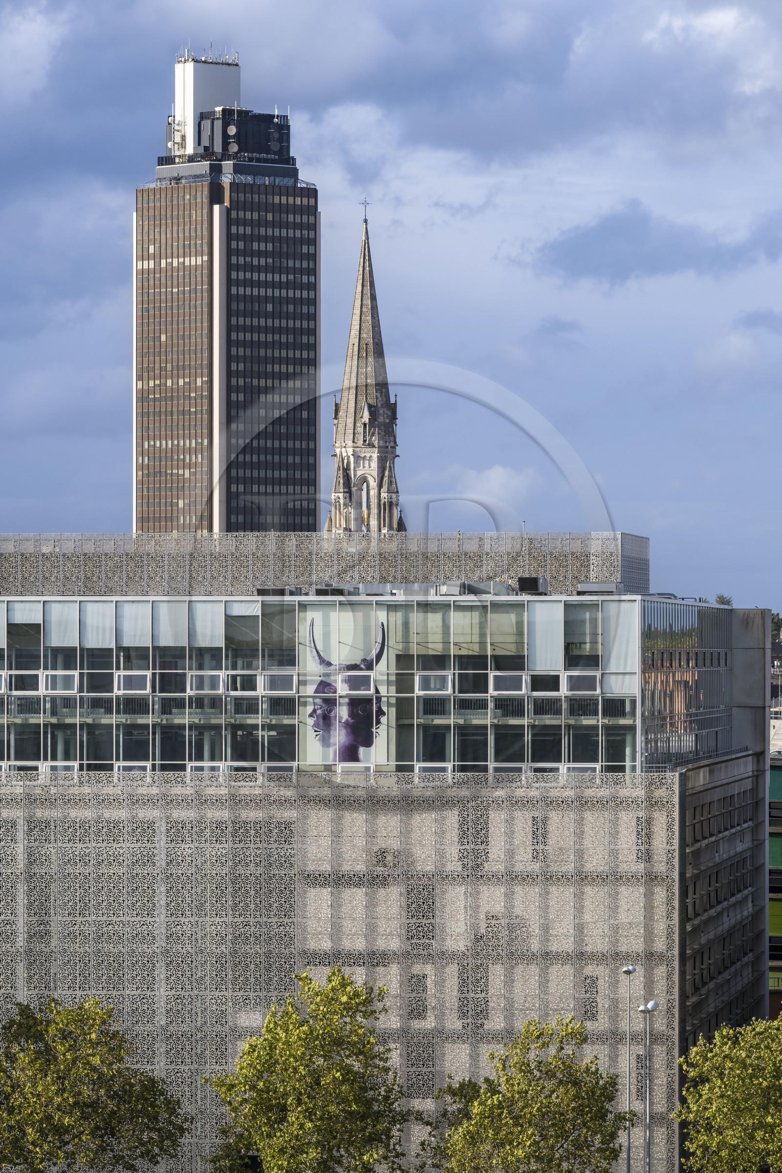 France, Loire-Atlantique (44), Nantes, oeuvre de l'artiste Orlan affichée en haut de l'immeuble quai André Morice et la Tour de Bretagne en arrière plan