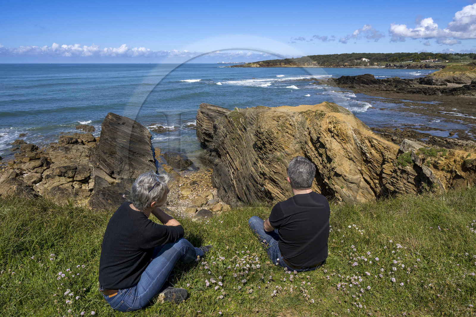 France, Vendée (85), Talmont-Saint-Hilaire, vue sur la baie de Cayola et Les Sables d'Olonne en arrière plan depuis la pointe du Porteau