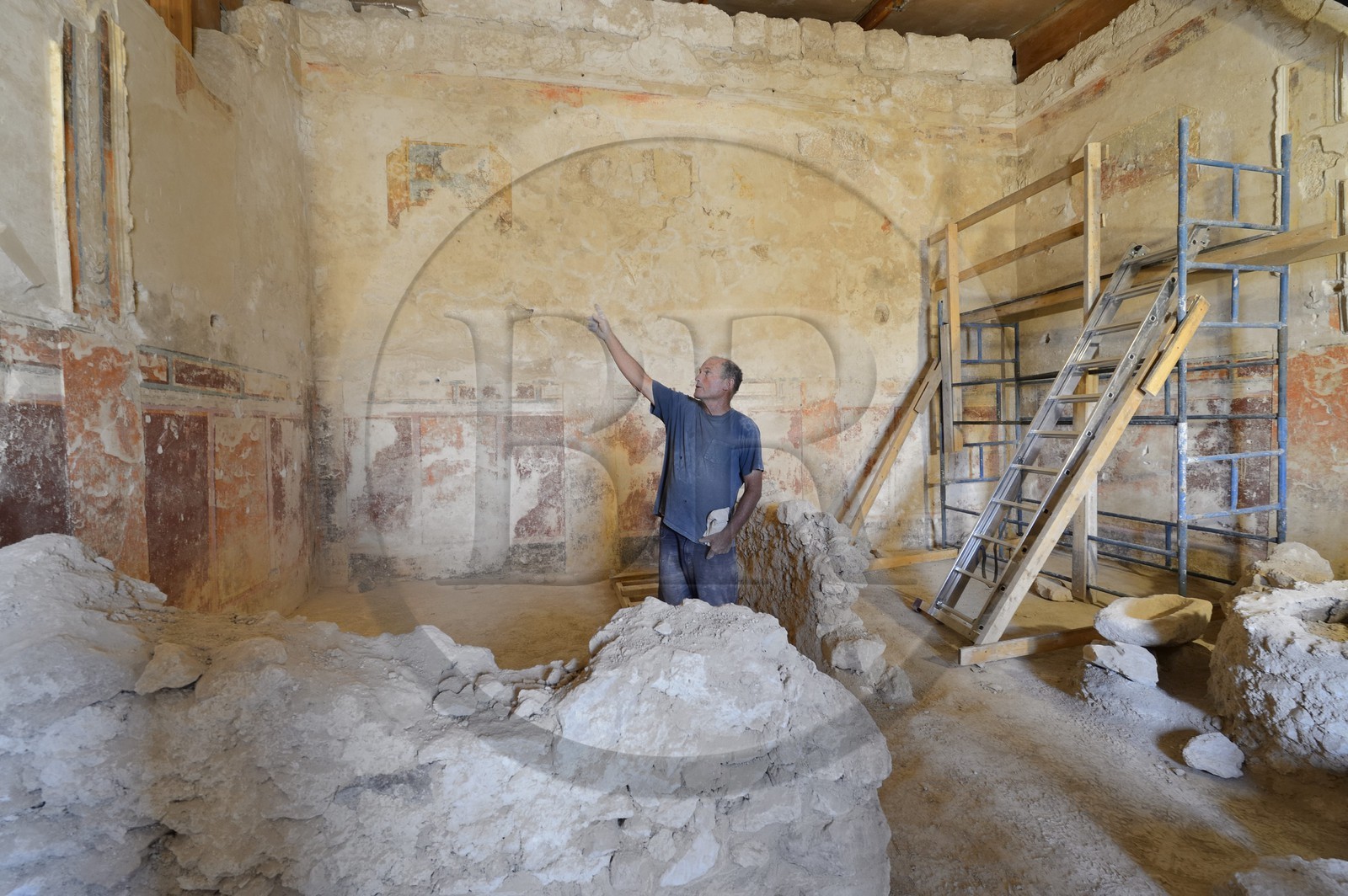 Israel, West Bank, Herodium or Herodion is a volcano-like hill with a truncated cone with a a fortress and palace build by Herod the Great (Herodion National Park), the Royal Box at King Herod's Theater excavations were conducted by Prof. Ehud Netzer and now by Yakov Kalman