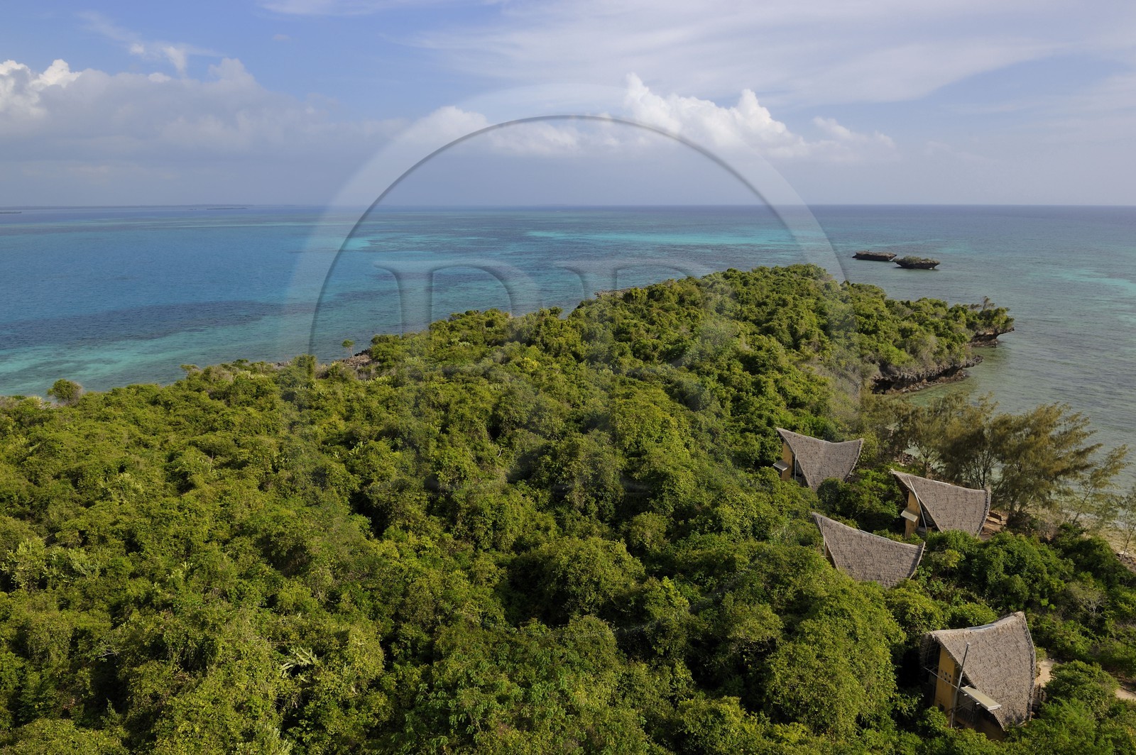 Tanzanie, archipel de Zanzibar, île de Unguja (Zanzibar), côte ouest, Eco-bungalows de la réserve naturelle de Chumbe Island Coral Park