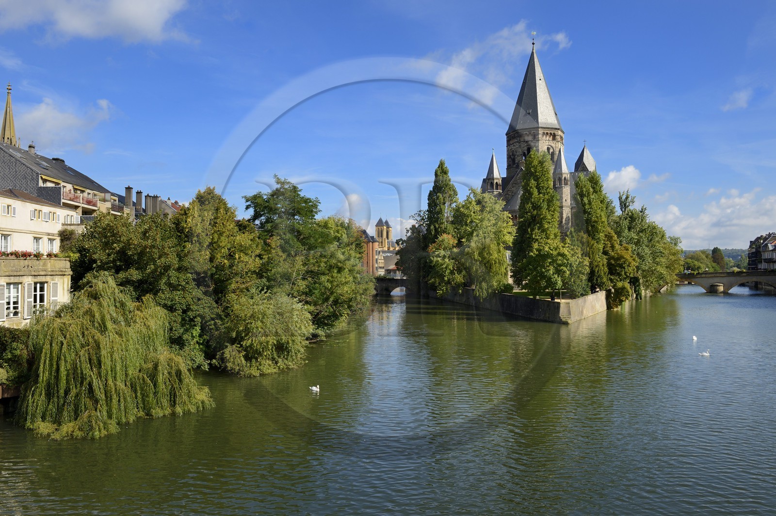 France, Moselle, Metz, Ile du Petit Saulcy, the Temple Neuf also called Eglise des allemands (the New Temple or Church of the Germans) reformed Prostestant Shrine and the canalized River Moselle banks