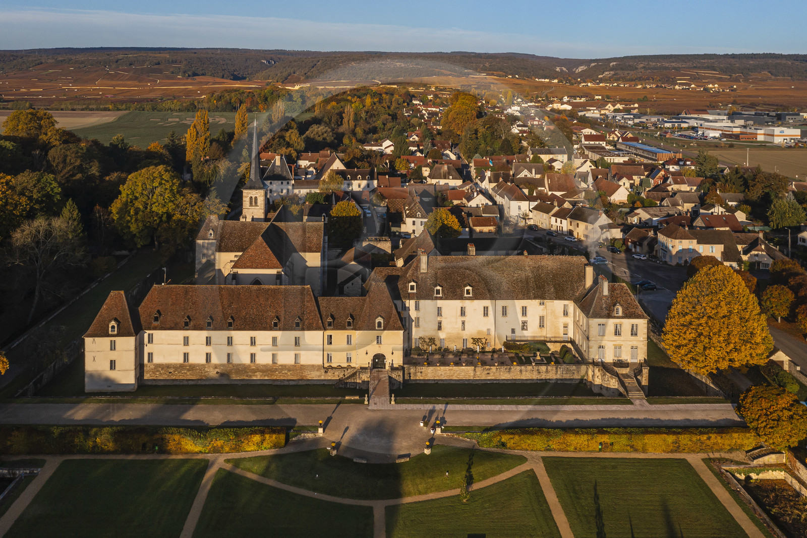 France, Côte-d'Or (21), Paysage culturel des climats de Bourgogne classés Patrimoine Mondial de l'UNESCO, Route des Grands Crus, Gilly-les-Citeaux, le Chateau de Gilly, hotel de luxe et restaurant, les vignobles en arrière plan (vue aérienne)