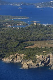 France, Var (83), Iles d'Hyères, parc national de Port Cros, la côte Sud et le Fort Saint-Agathe de l'Ile de Porquerolles, la presqu'Ile de Giens en arrière plan (vue aérienne)