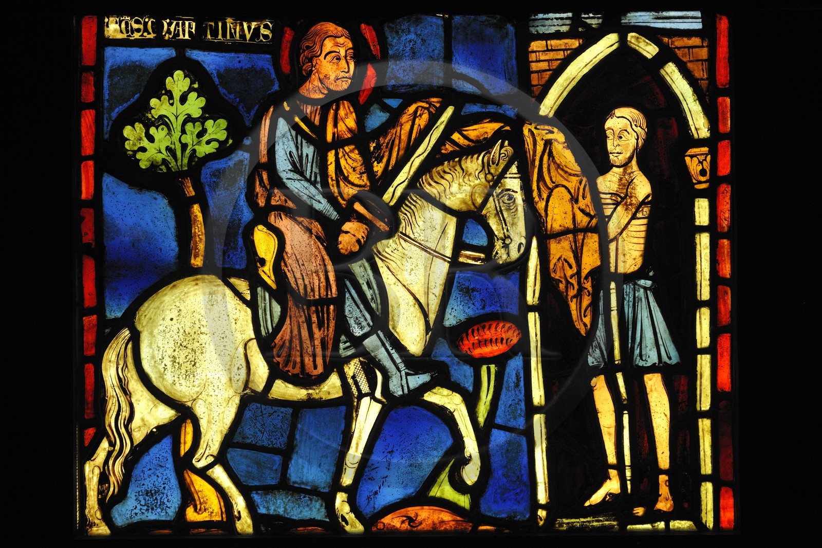 France, Paris, Musee du Moyen-Age (Middle Ages Museum), the former Hotel de Cluny, stained-glass window representing the Charity of Saint Martin, by 1220, origin church of Varenne-Jarcy, Essonne