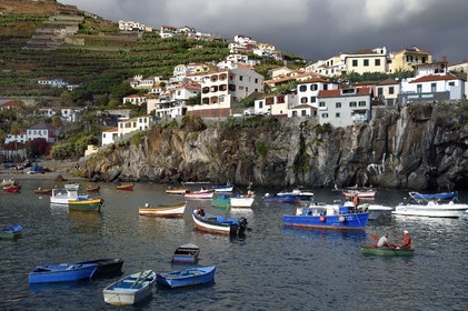 Portugal, Madeira Island, port of the fishing village of Camara de Lobos in former lava flows