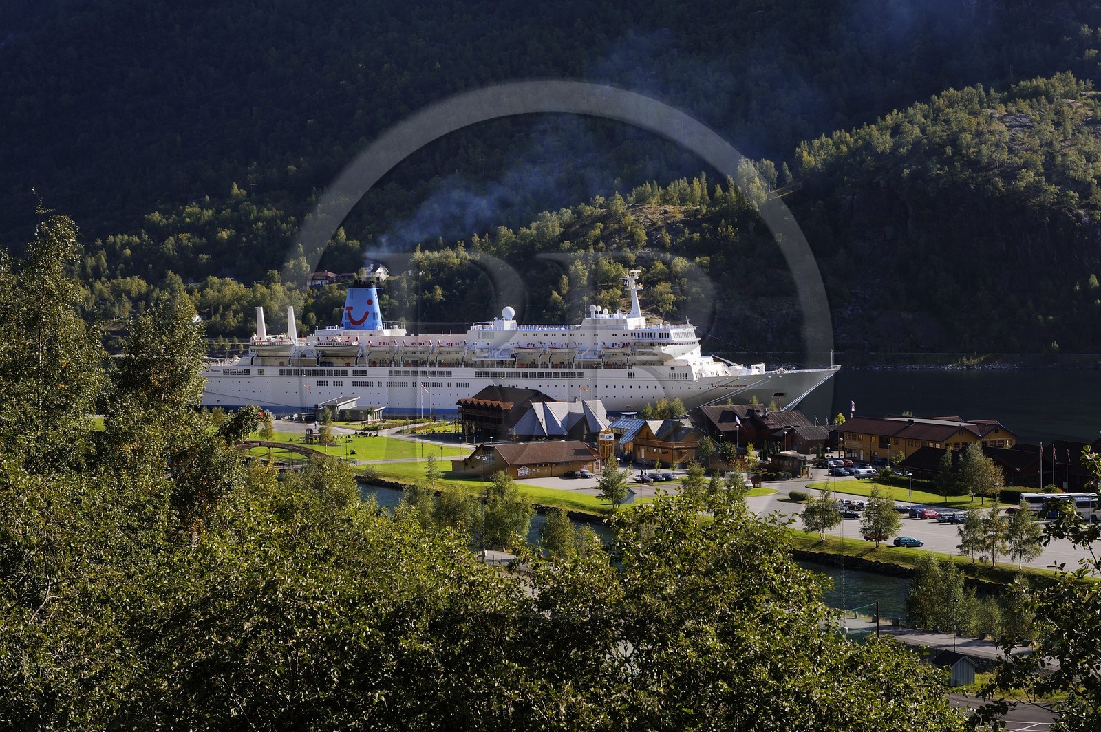 Norway, Western Fjords region, cruise ship at Flam village in Aurland fjord