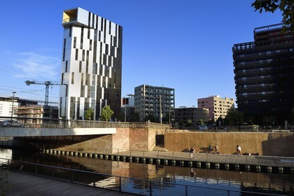 France, Bas Rhin, Strasbourg, development of port du Rhin (Rhine's harbour) and conversion of breakwater of Bassin d'Austerlitz, Danube eco-neighborhood, the Elithis tower and dance court on the banks of the Austerlitz basin