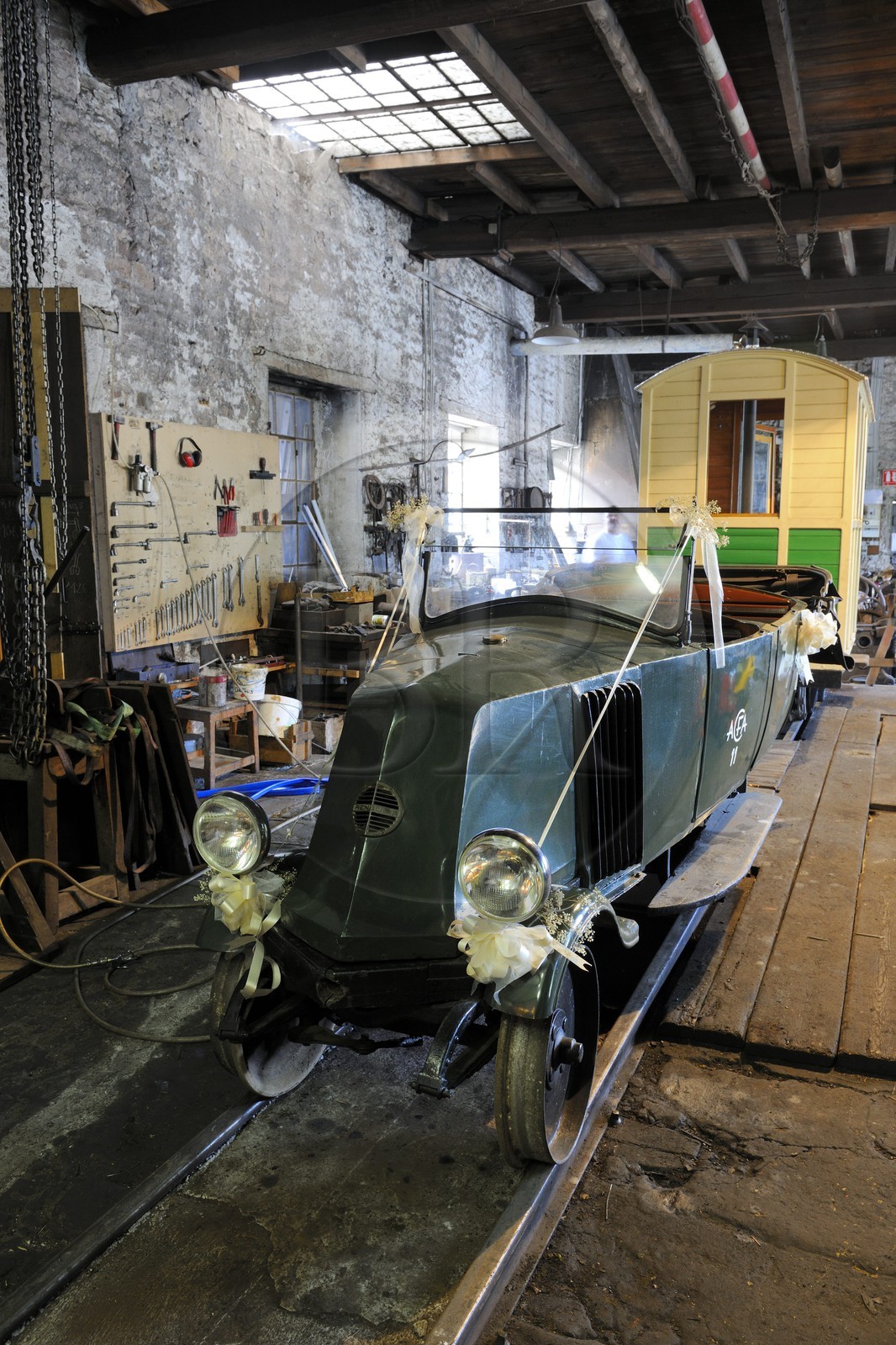 France, Moselle, Abreschviller, small train formerly forest train, old car turned into Draisine Hotchkiss built by the network in 1930 to transport workers