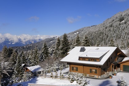 Switzerland, Canton of Vaud, Villars sur Ollon, chalet in the snow