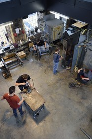 France, Moselle, Meisenthal, Centre international d'Art verrier (CIAV) (international glass centre), the blowing workshop, crafting a Christmas ball