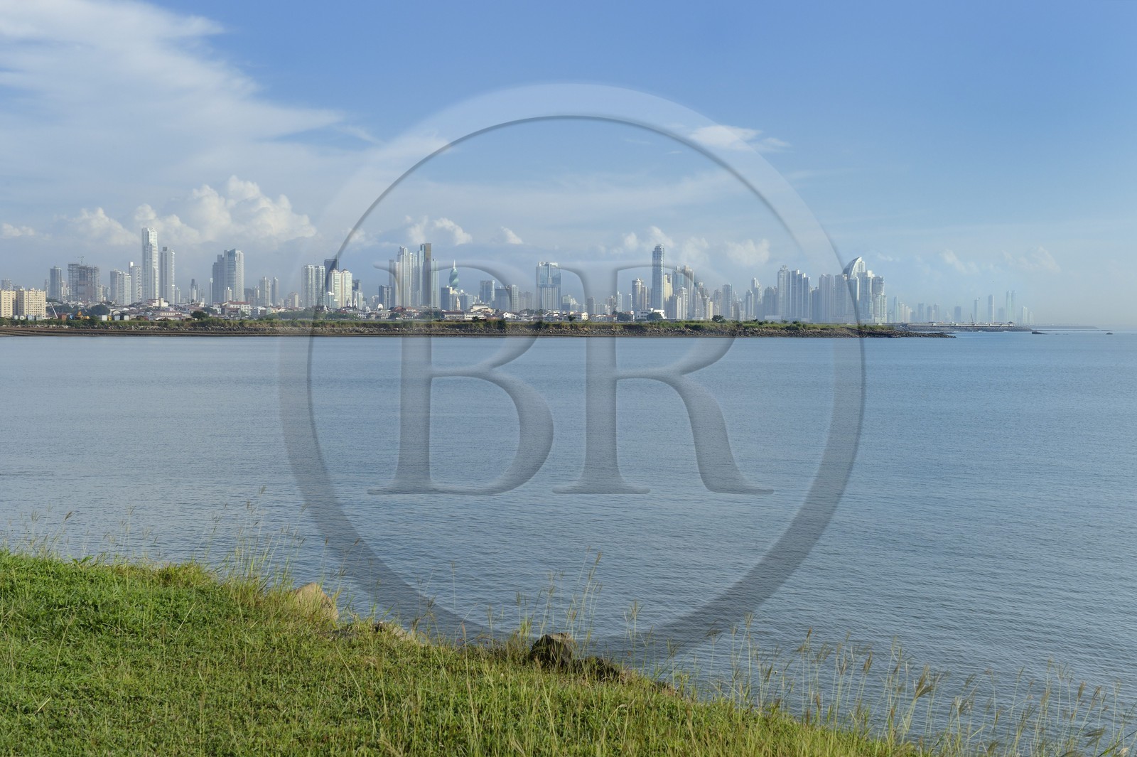 Panama, Panama City, the waterfront and skyscrapers and the old town of Casco Antiguo (Viejo) in the foreground