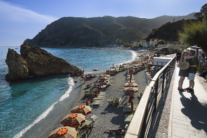 Italy, Liguria, Cinque Terre National Park listed as World Heritage by UNESCO, the large beach from the village of Monterosso al Mare