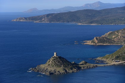 France, Corse du Sud, Golfe d'Ajaccio, Pointe de la Parata and Tour de la Parata facing the Sanguinaires islands, the west coast towards the Gulf of Porto in background (aerial view)