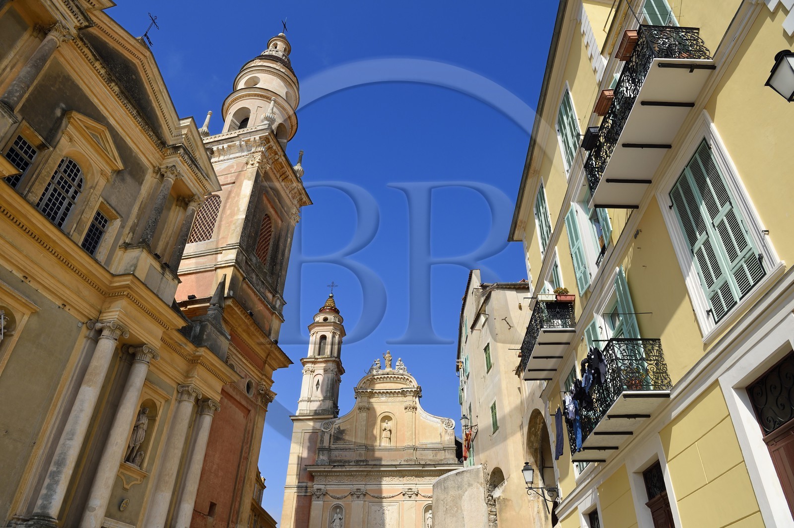 France, Alpes-Maritimes, Menton, old town, the basilique Saint Michel Archange (Saint Michael the Archangel Basilica) left and the Chapel of the White Penitents in the background