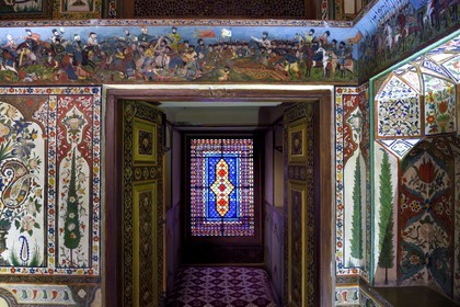 Azerbaijan, Shaki, Palace of Shaki Khans built in 1797 by Muhammed Hasan Khan, Khan's room, fresco depicting scenes of battles