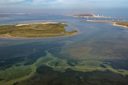 Portugal, Algarve, Parc naturel de la Ria Formosa, Faro, Ile de Barreta ou Deserta (Ilha da Barretta ou Deserta), le phare de Ilha do Farol sur Ilha da Culatra en arrière plan (vue aérienne)