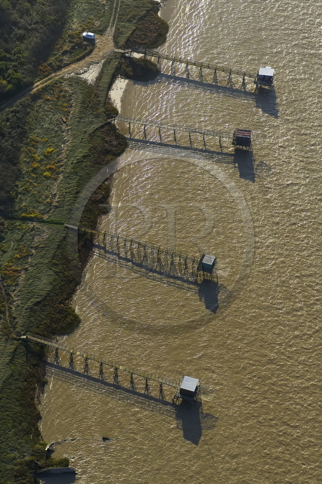 France, Charente-Maritime (17), carrelets sur la Charente (vue aérienne)