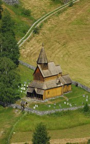 Norway, Sogn og Fjordane, Lujster fjord (Lustrafjord), Urnes wooden church (aerial view)