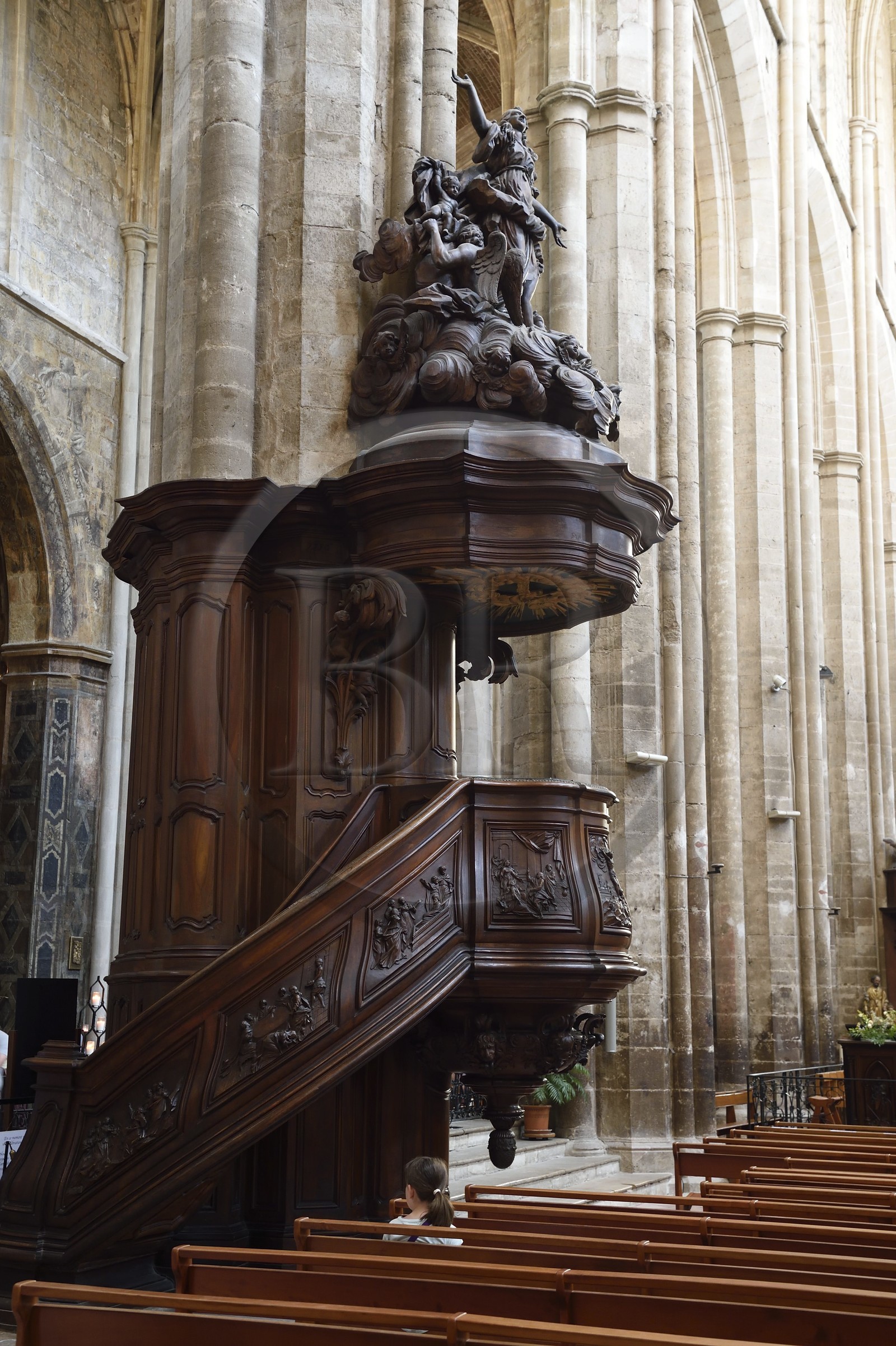 France, Var, Provence Verte, Saint Maximin la Sainte Baume, Sainte Madeleine (St. Mary Magdalene) basilica, the pulpit in the nave