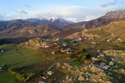 Azerbaijan, Quba (Guba) region, Greater Caucasus mountain range, village of Giriz at dawn (aerial view)
