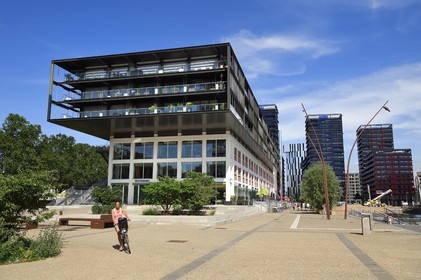 France, Bas Rhin, Strasbourg, development of port du Rhin (Rhine's harbour) and conversion of breakwater of Bassin d'Austerlitz, presqu'ile Malraux (Malraux peninsula), former Mole Seegmuller warehouse turned into commerce and residential flats, buildings the Black Swans by architect Anne Demians in the background