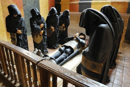 France, Cote d'Or, Chateauneuf en Auxois, labelled Les Plus Beaux Villages de France (The Most Beautiful Villages of France), the castle, the Grand Logis, a replica of the tomb of Philippe Pot in armor in the chapel