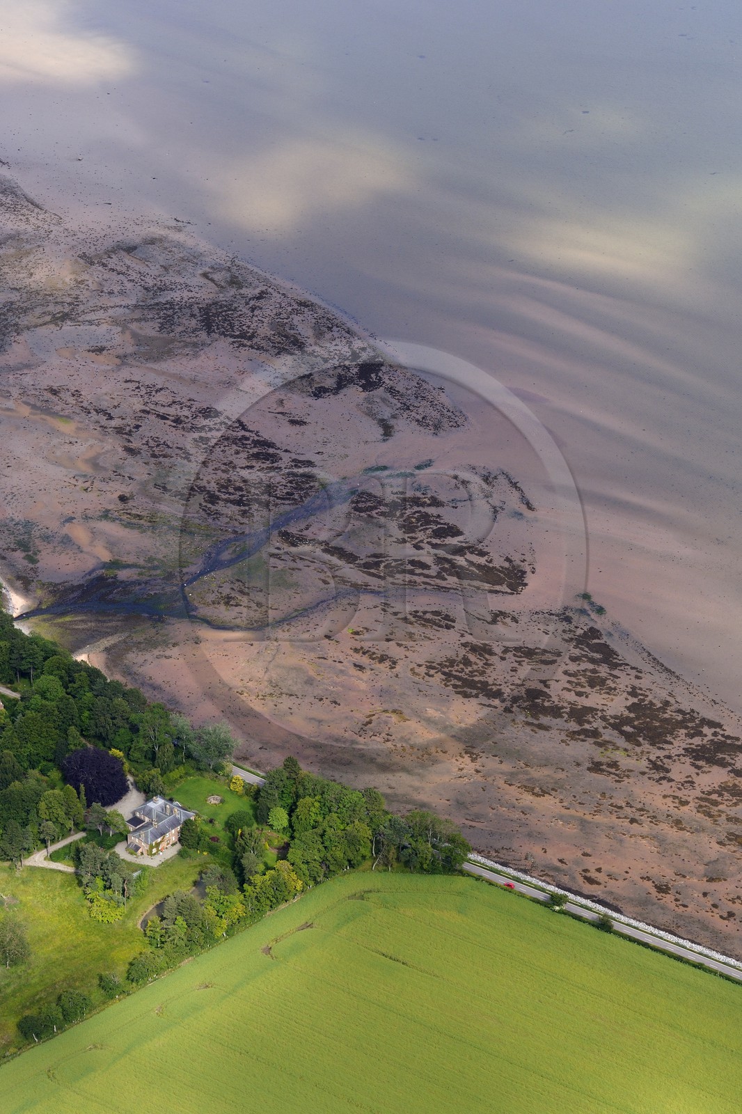 United Kingdom, Scotland, Highland, Cromarty Firth, beach at low tide north of Invergordon (aerial view)
