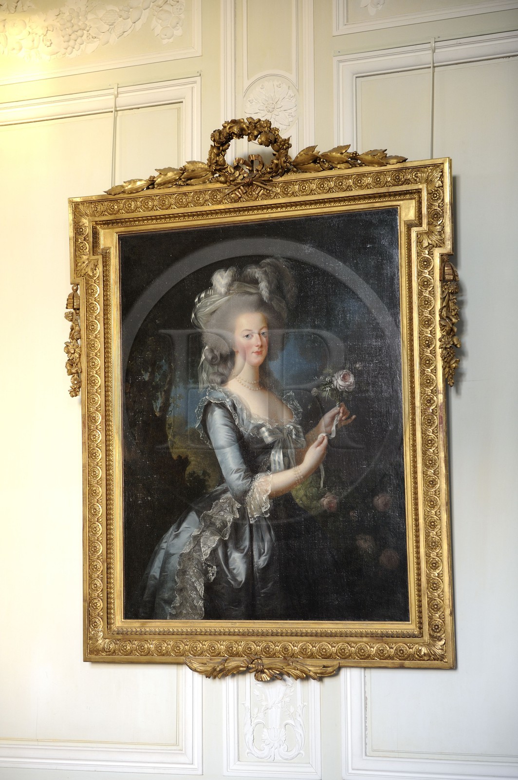 France, Yvelines, Chateau de Versailles, listed as World Heritage by UNESCO, Domaine de Marie Antoinette (Queen Marie Antoinette' domain), the Petit Trianon, Marie Antoinette's portrait with a rose by Elisabeth Vigee-Le Brun