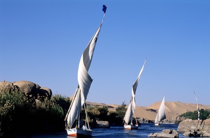 Egypte, Assouan, felouques navigant dans les anciennes cataractes du Nil au sud de la ville