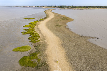 France, Charente-Maritime (17), Port-des-Barques, cycliste en randonnée, le tombolo de la Passe aux Boeufs qui relie l'Ile Madame au continent (vue aérienne)