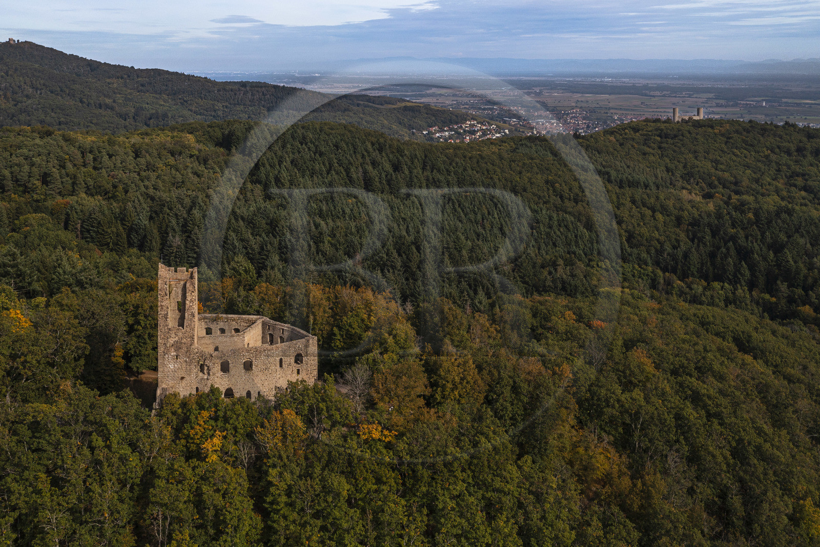 France, Bas-Rhin (67), Route des vins d'Alsace, Andlau, le chateau de Spesbourg construit vers 1250, le chateau d'Andlau et la plaine d'Alsace en arrière plan (vue aérienne)