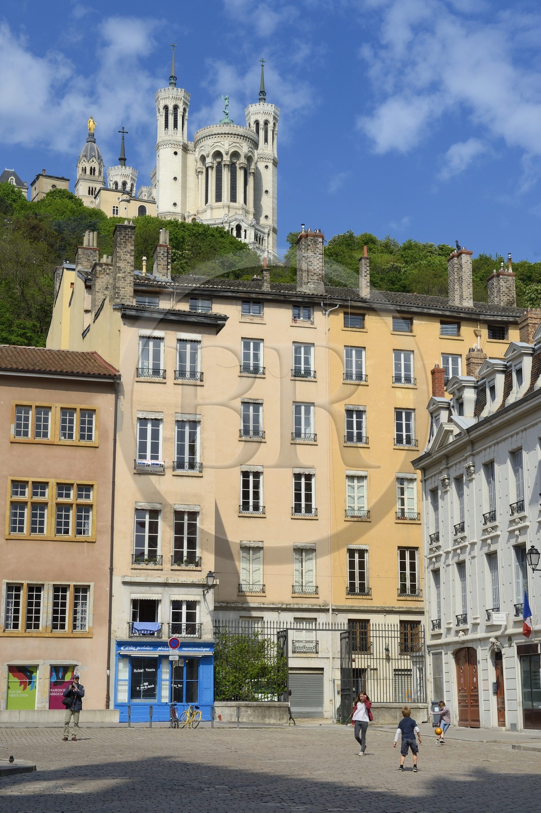 France, Rhone, Lyon, historical site listed as World Heritage by UNESCO, Vieux Lyon (Old Town), in Place St Jean under the Notre Dame de Fourviere Basilica
