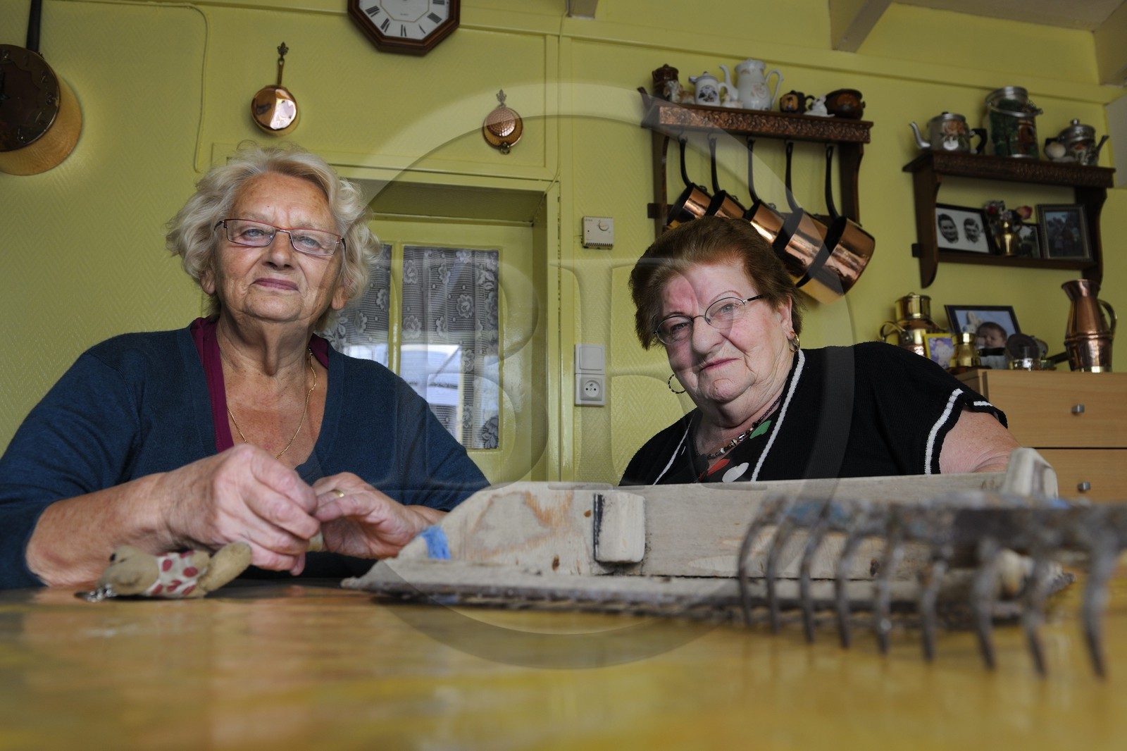 France, Manche, Bay of Mont Saint Michel, old harbour of Genets, the Coquetieres, a local name of women who pick up cockles, Renee Neveu and Marie Gesmier