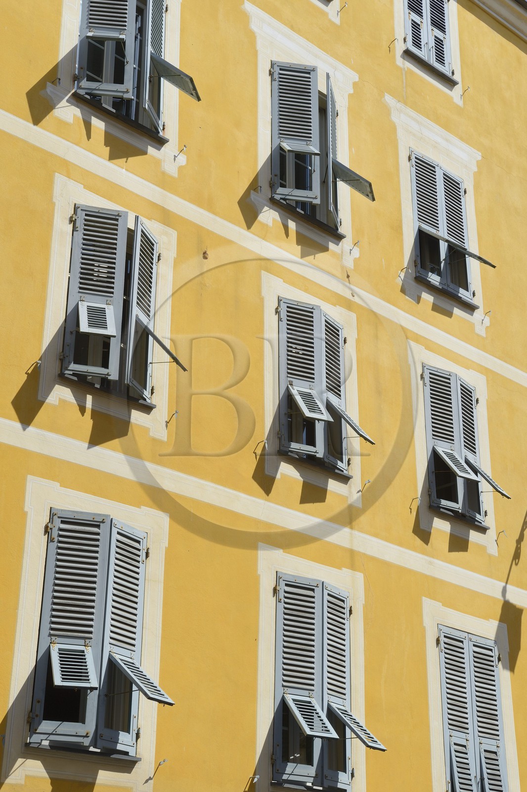 France, Corse du Sud, Ajaccio, louvered shutters in a building of the rue Zevacho Maire