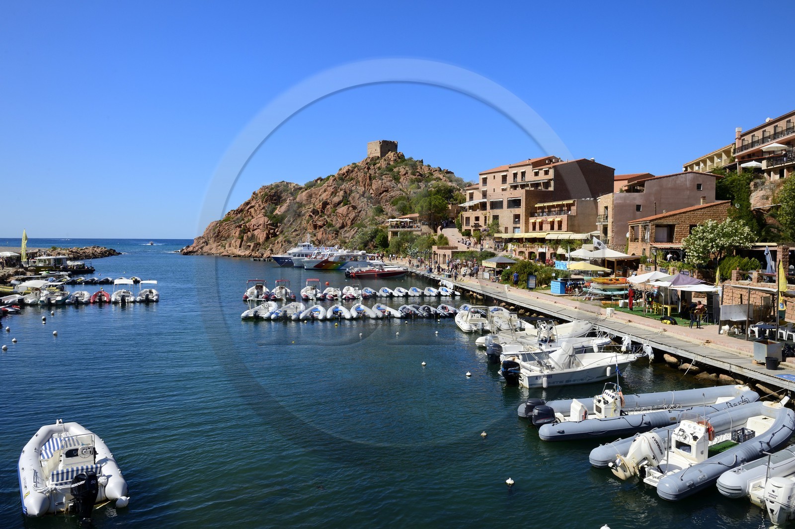 France, Corse du Sud, Golfe de Porto, listed as World Heritage by UNESCO, the Genoese tower above the port pass of Porto