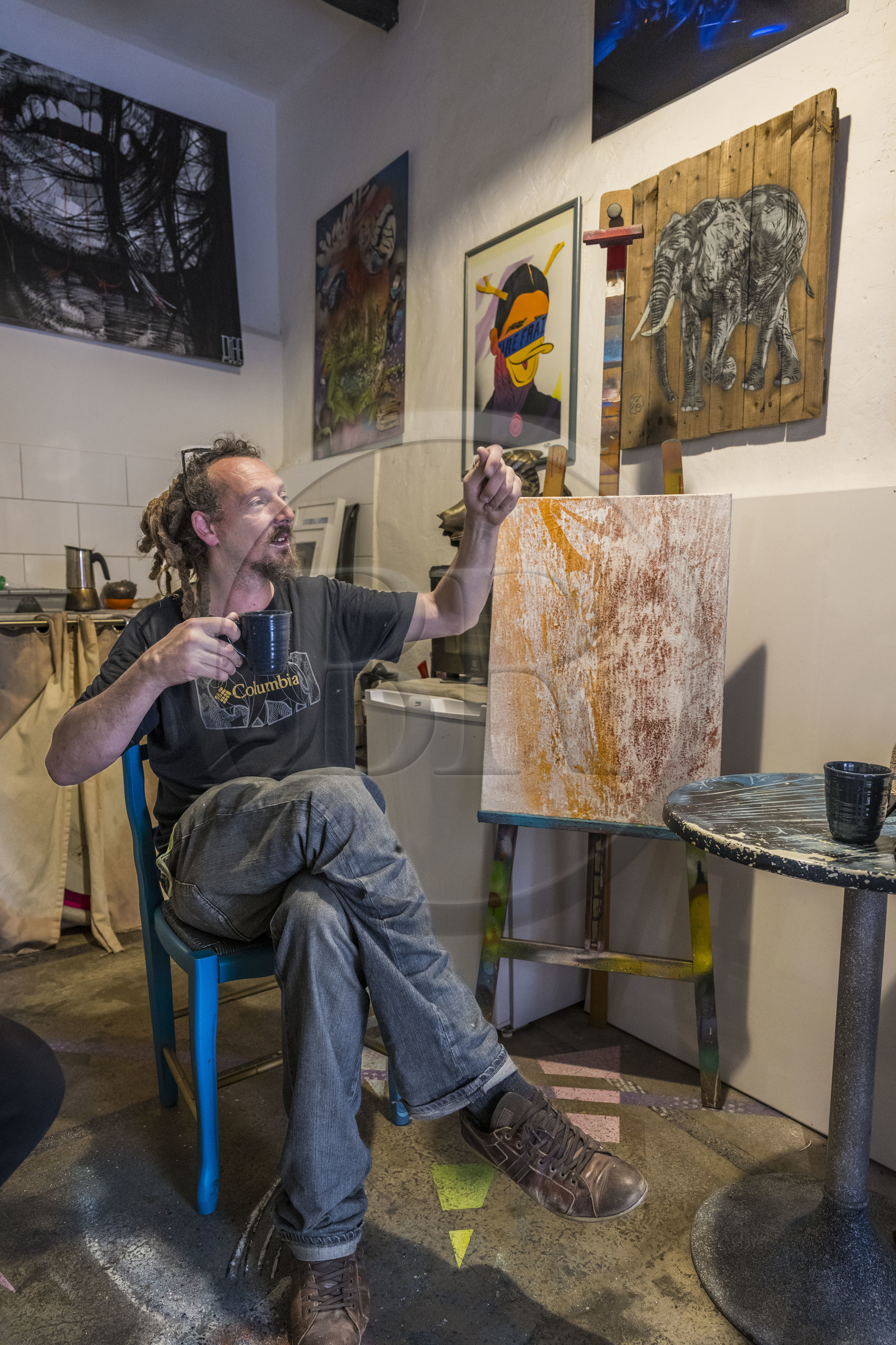 France, Bouches-du-Rhône (13), Marseille, quartier du Panier, le street artiste Loïc Perrel dit Poasson dans son atelier galerie de la rue des Phocéens