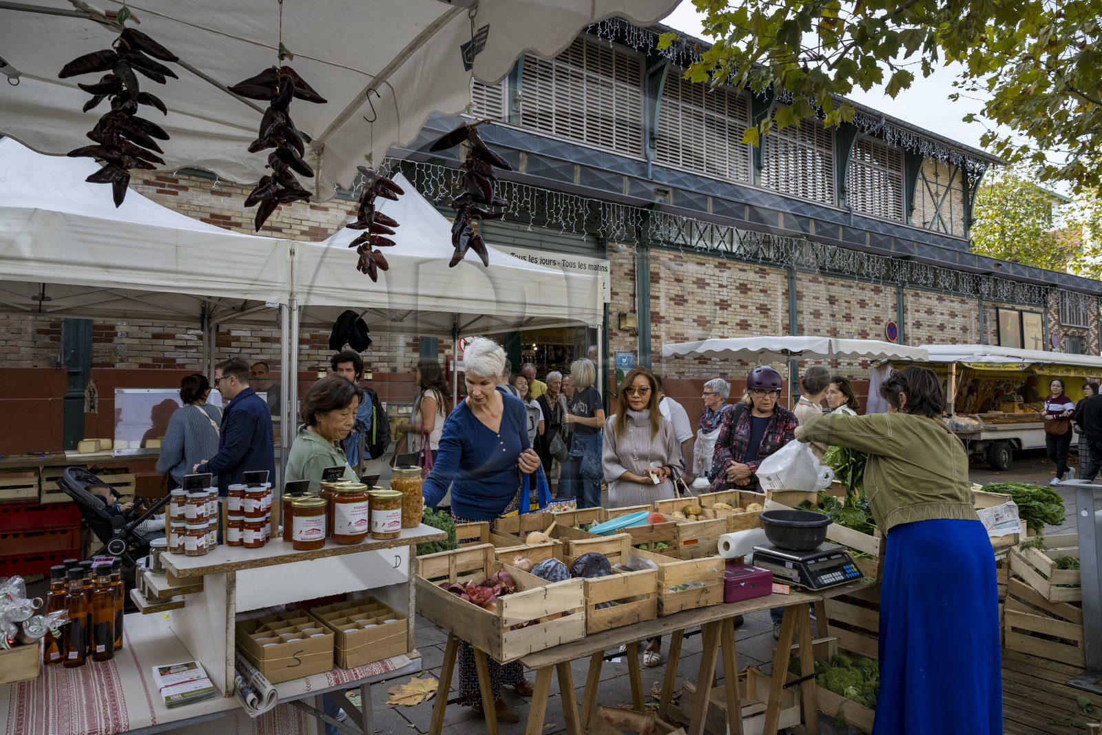 France, Pyrenees Atlantiques, Basque Country, Saint Jean de Luz, stall in front of the covered market