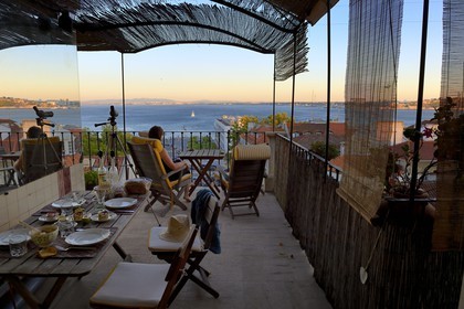Portugal, Lisbon, Chiado district, terrace with view on the south bank of the Tagus river