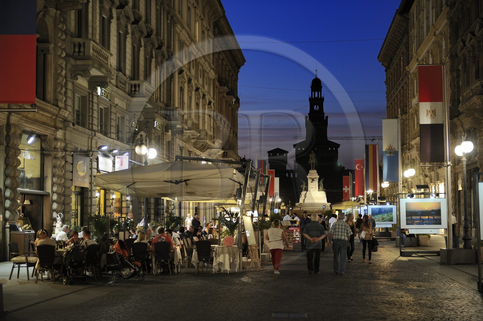 Italy, Lombardy, Milan, the Via Dante leading to Castello Sforzesco (Sforza Castle)