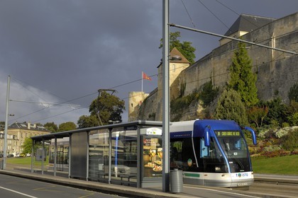 France, Calvados, Caen, the tram passing by the ducal castle