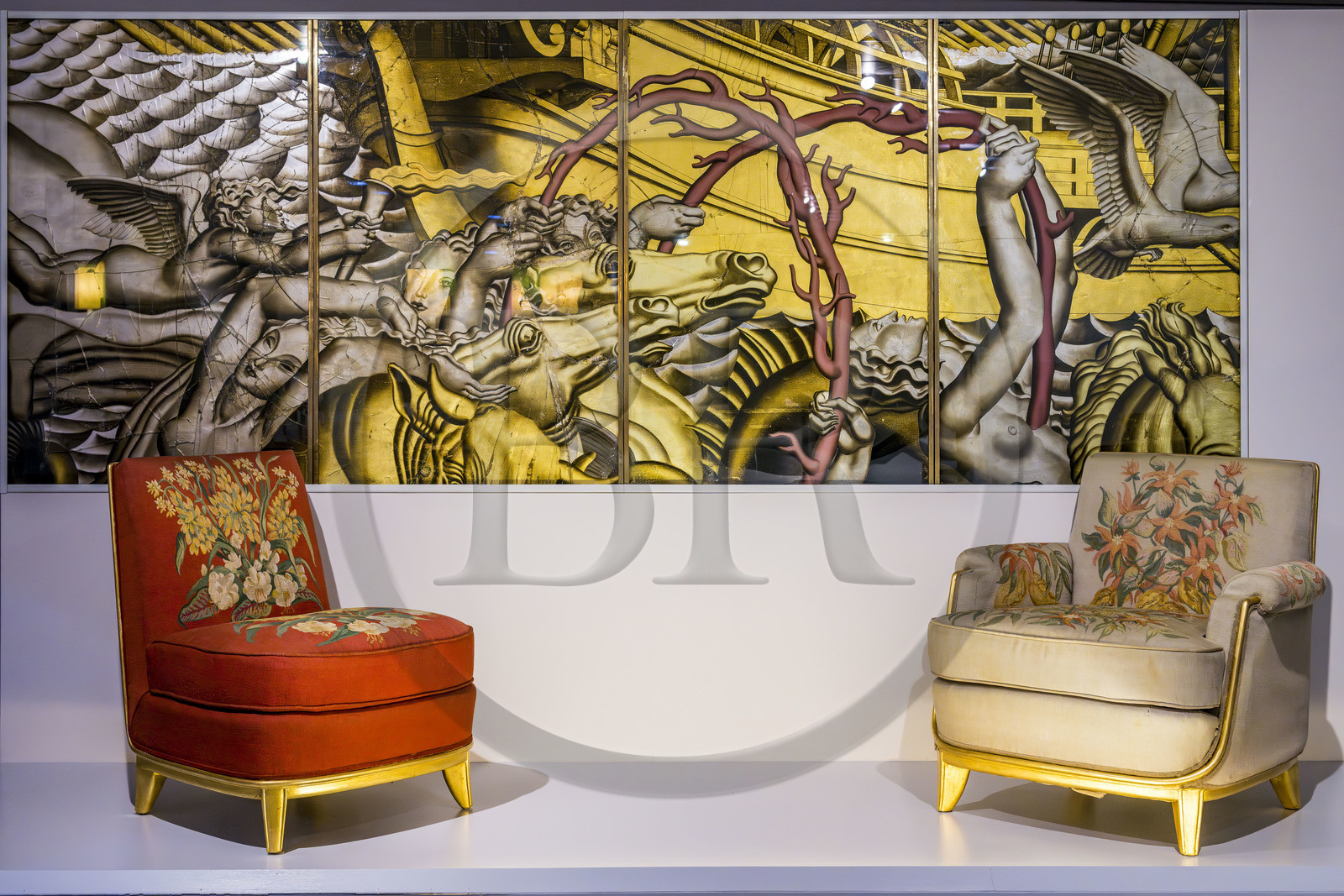 France, Loire Atlantique, Saint Nazaire, Escal'Atlantic in the former German submarine base brings the world of transatlantics back to life, fireside chair and armchair under a set of four panels glass slabs by Auguste Labouret representing the Rape of Europa, Grand Salon 1st class of the liner Normandie, 1935